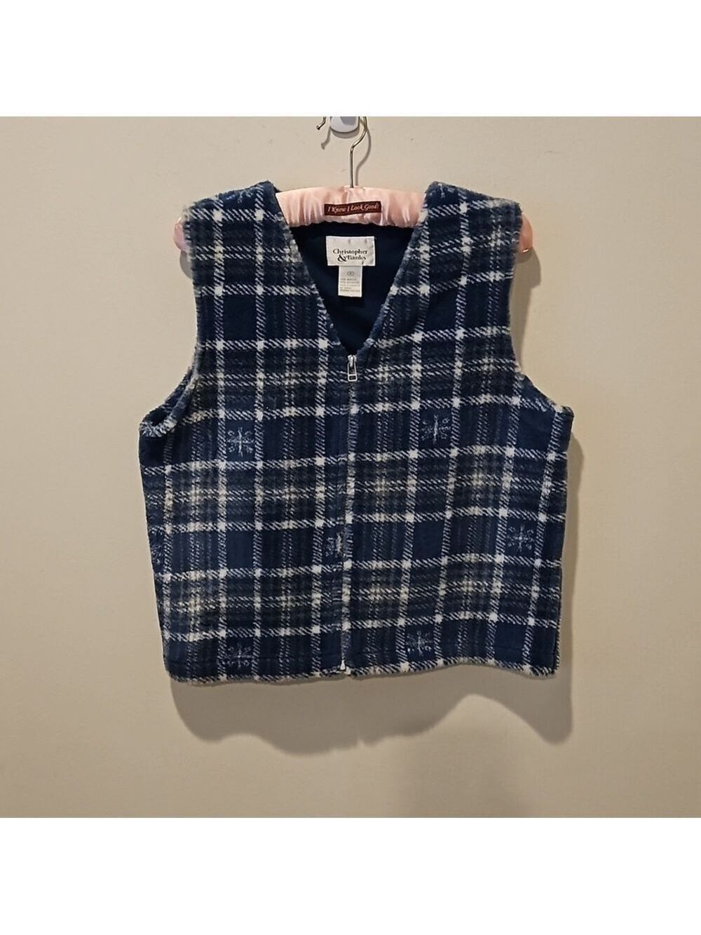 CHRISTOPHER & BANKS WOMEN'S BLUE & WHITE PLAID SNOWFLAKES FLEECE VEST SIZE SMALL